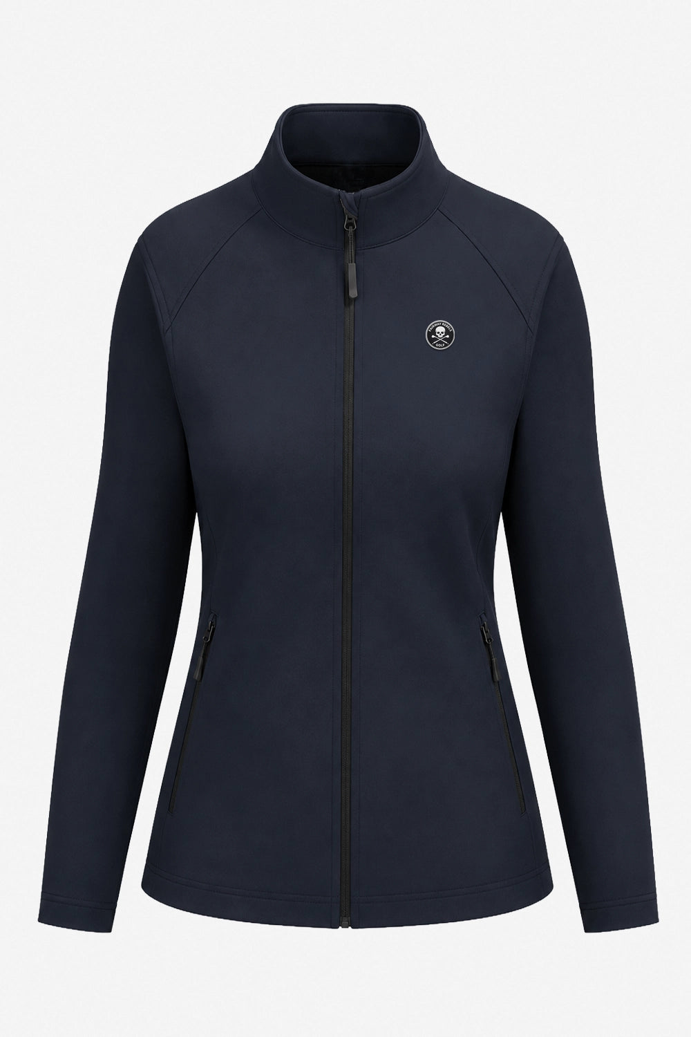 Veste de golf déperlante bleu marine, zip central et badge poitrine pour femme.