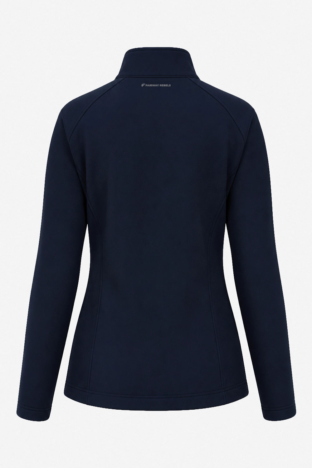 Veste de golf déperlante bleu marine femme, vue dos, col montant et coupe cintrée.