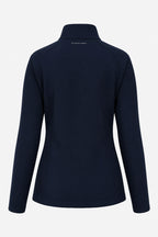 Veste de golf déperlante bleu marine femme, vue dos, col montant et coupe cintrée.