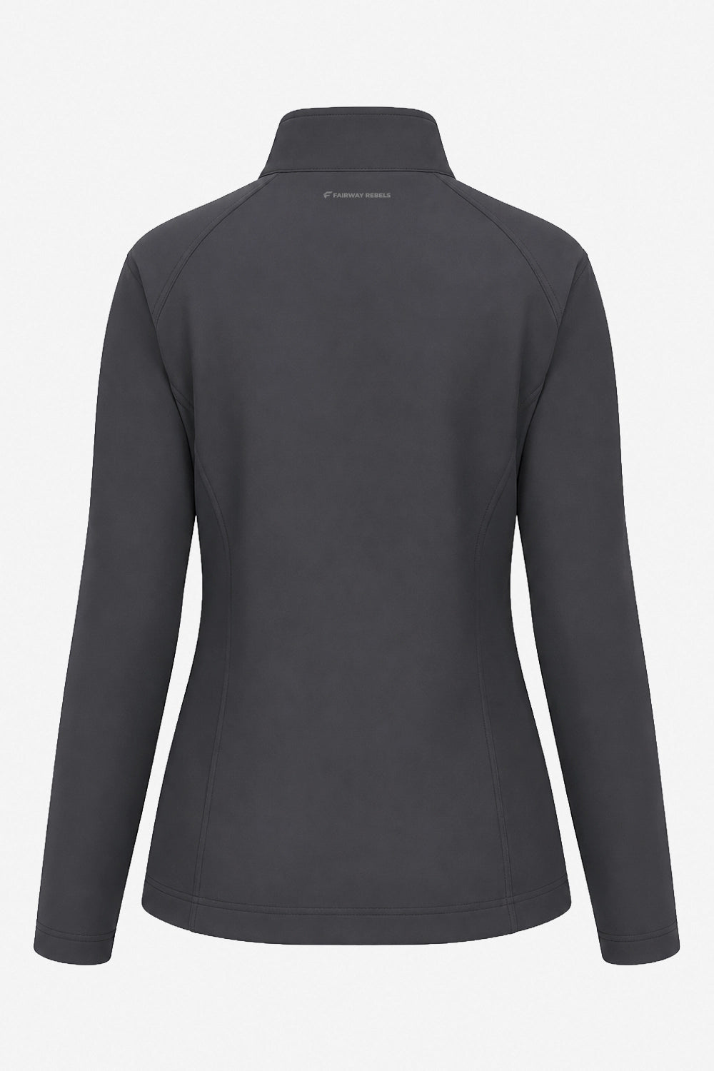 Veste de golf déperlante grise femme, vue dos, col montant et lignes cintrées.