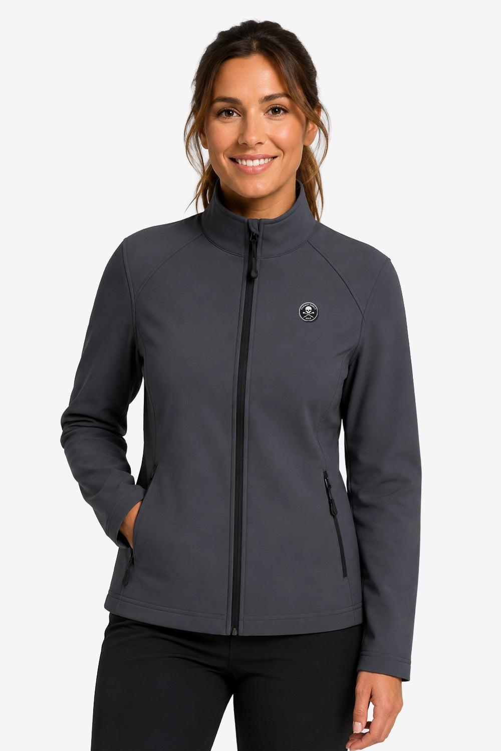 Veste de golf déperlante pour femme bleu marine, zip intégral, col montant, poches discrètes.