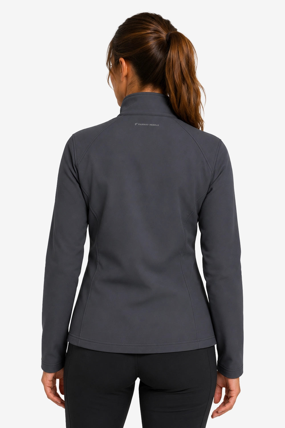 Veste de golf déperlante pour femme gris graphite vue de dos, col montant, coupe près du corps.