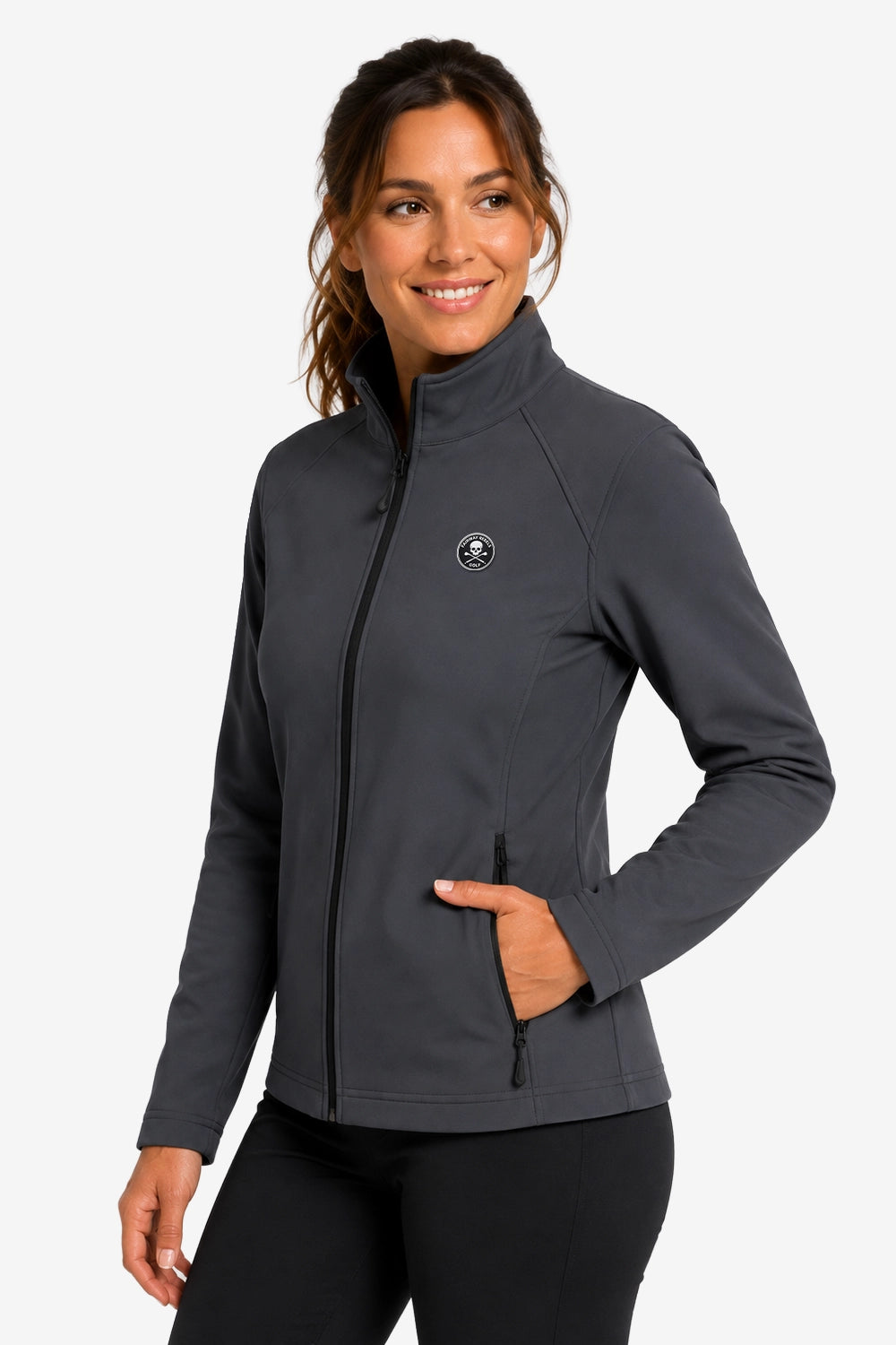 Veste de golf déperlante pour femme gris graphite, zip intégral, col montant, manches longues.