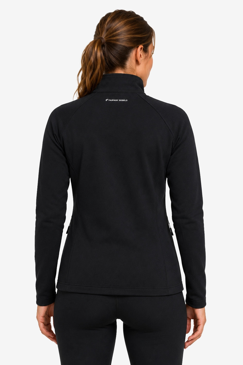 Veste de golf déperlante pour femme noire vue de dos, col montant, zips latéraux discrets.