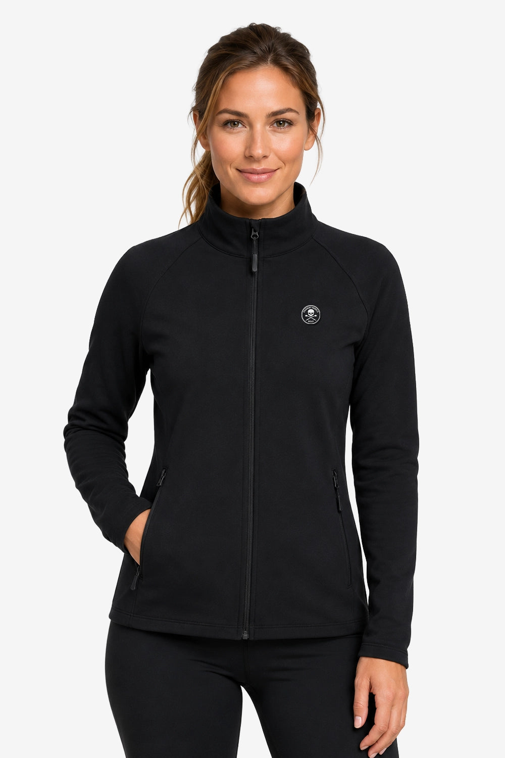 Veste de golf déperlante pour femme noire, fermeture zippée, col montant, coupe ajustée.