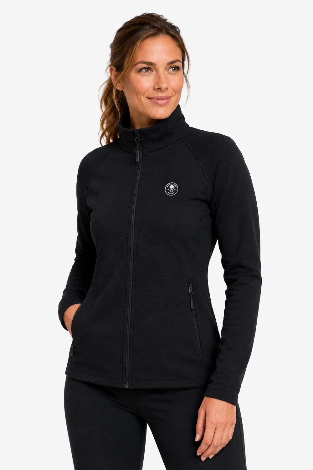 Veste de golf déperlante pour femme noire, zip intégral, col montant, manches longues.