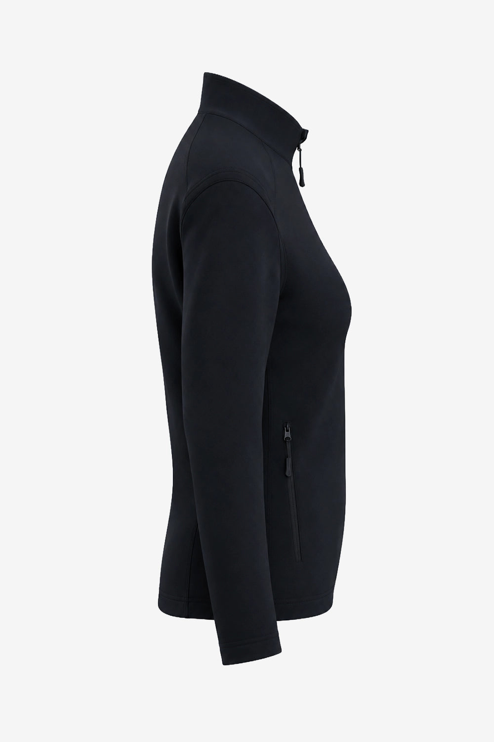 Veste de golf déperlante pour femme noire vue de profil, zip latéral discret, manches longues.