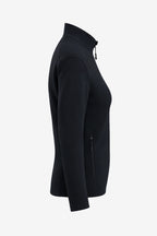 Veste de golf déperlante pour femme noire vue de profil, zip latéral discret, manches longues.