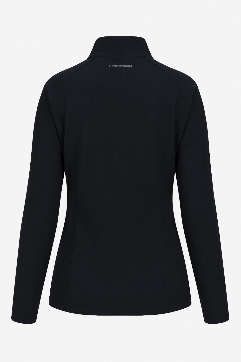 Veste de golf déperlante pour femme noire vue de dos, col montant, coupe près du corps.