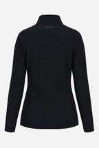 Veste de golf déperlante pour femme noire vue de dos, col montant, coupe près du corps.