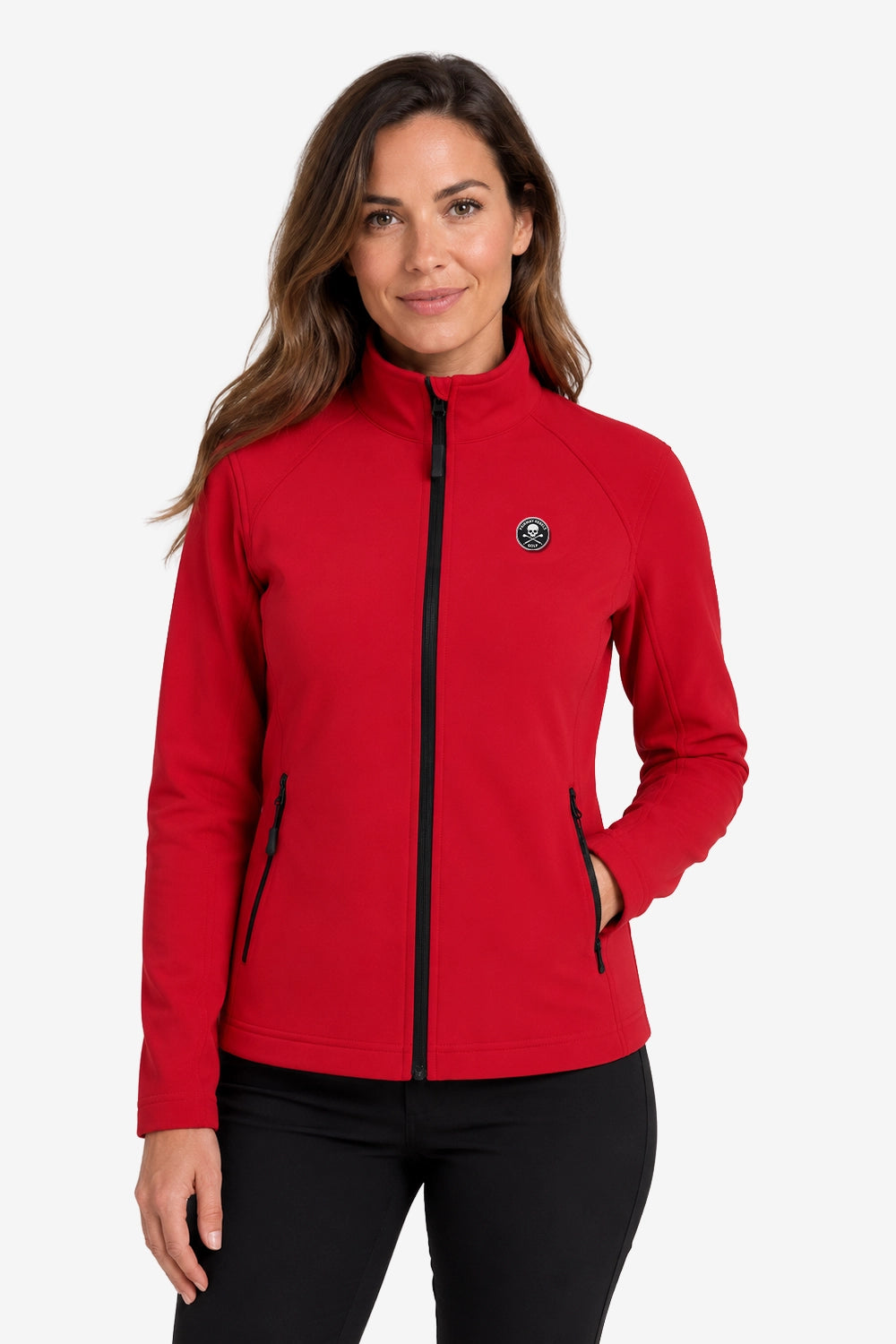 Veste de golf déperlante femme rouge, zip central et badge poitrine