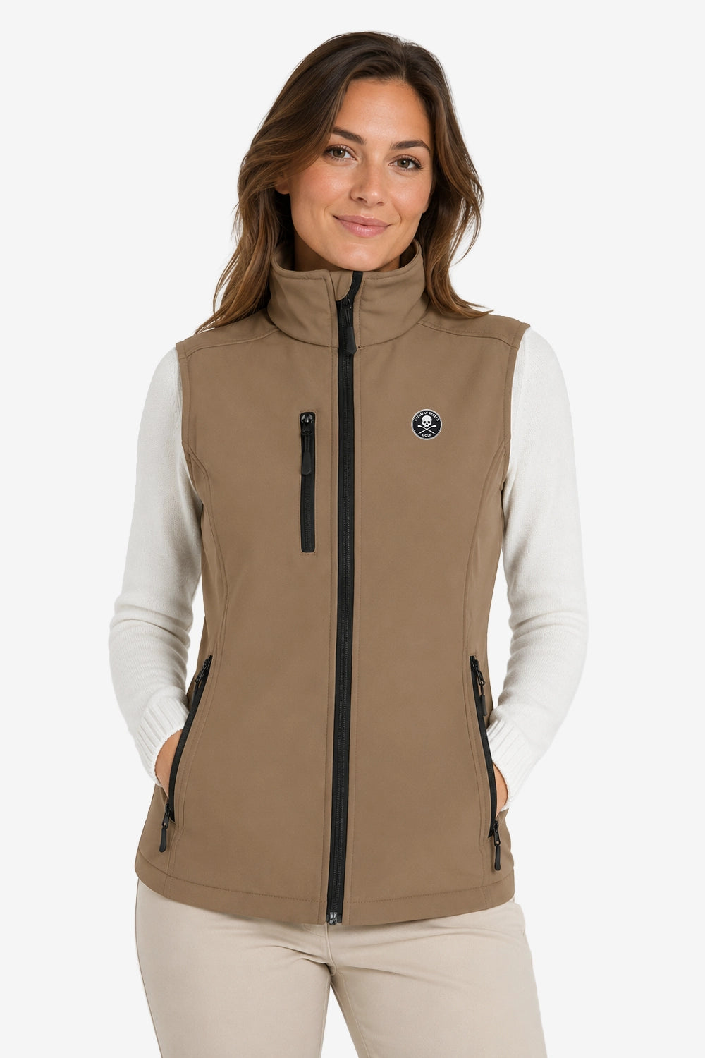 Veste golf femme sans manches déperlante beige, zip intégral, col montant, poches zippées.