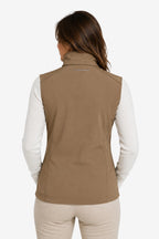 Veste golf femme sans manches déperlante beige vue dos, col montant, zip vertical.