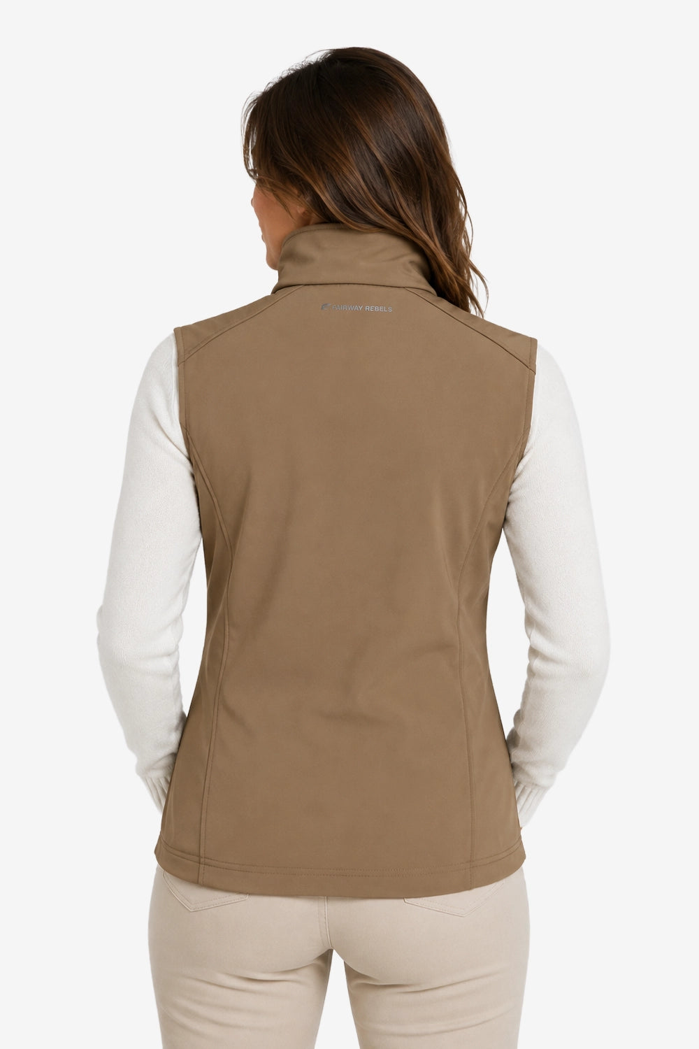 Veste golf femme sans manches déperlante beige vue dos, col montant, zip vertical.