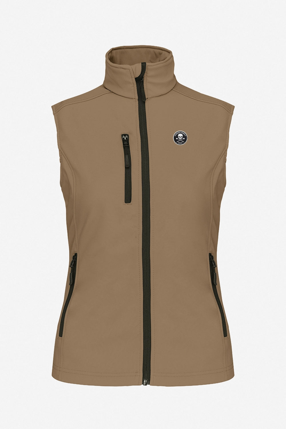 Veste golf femme sans manches déperlante beige vue de face, zip noir et écusson rond.