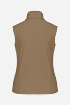 Veste golf femme sans manches déperlante beige vue dos, col montant et silhouette ajustée.