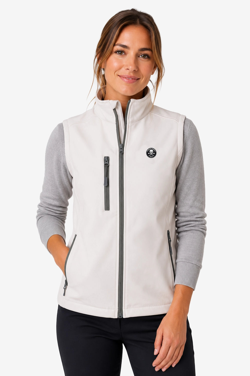 Veste golf femme sans manches déperlante blanche, zip central gris, col montant, écusson.