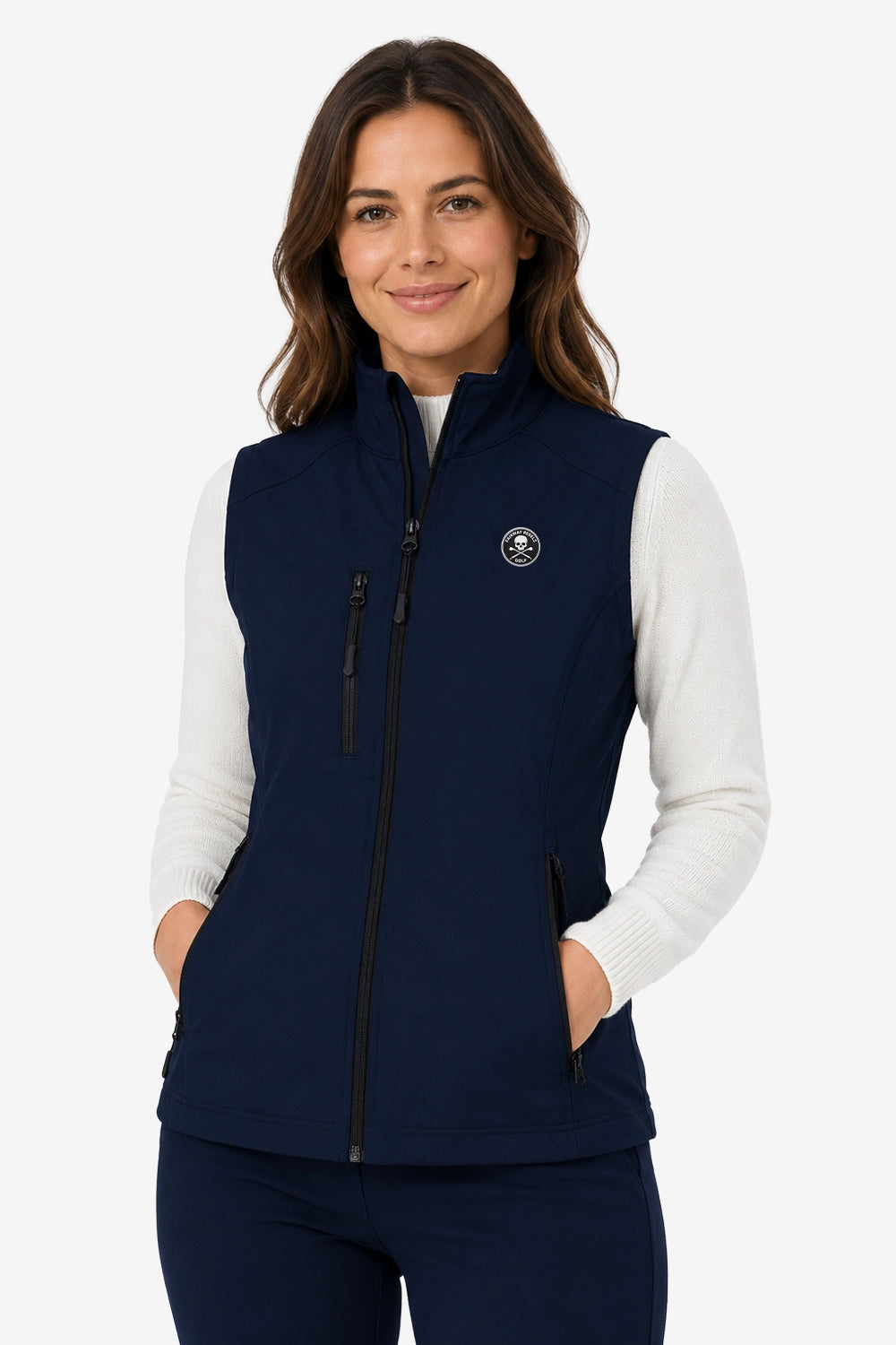 Gilet de golf sans manches déperlant femme bleu marine, zip central, col montant
