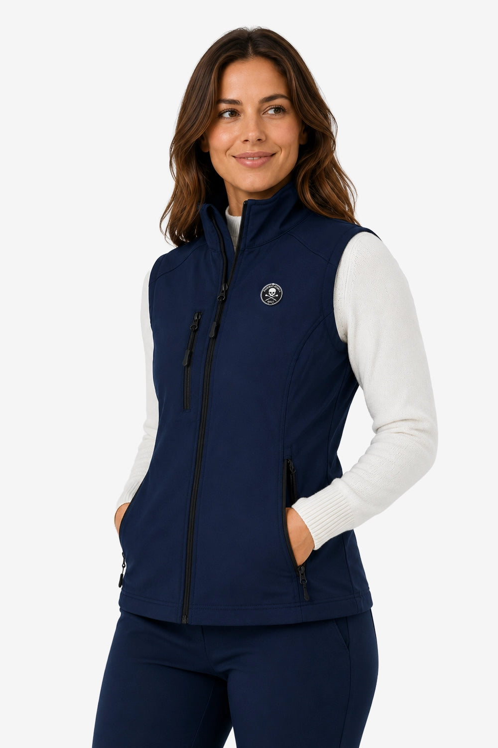 Gilet de golf sans manches déperlant femme bleu marine, zip central, écusson poitrine