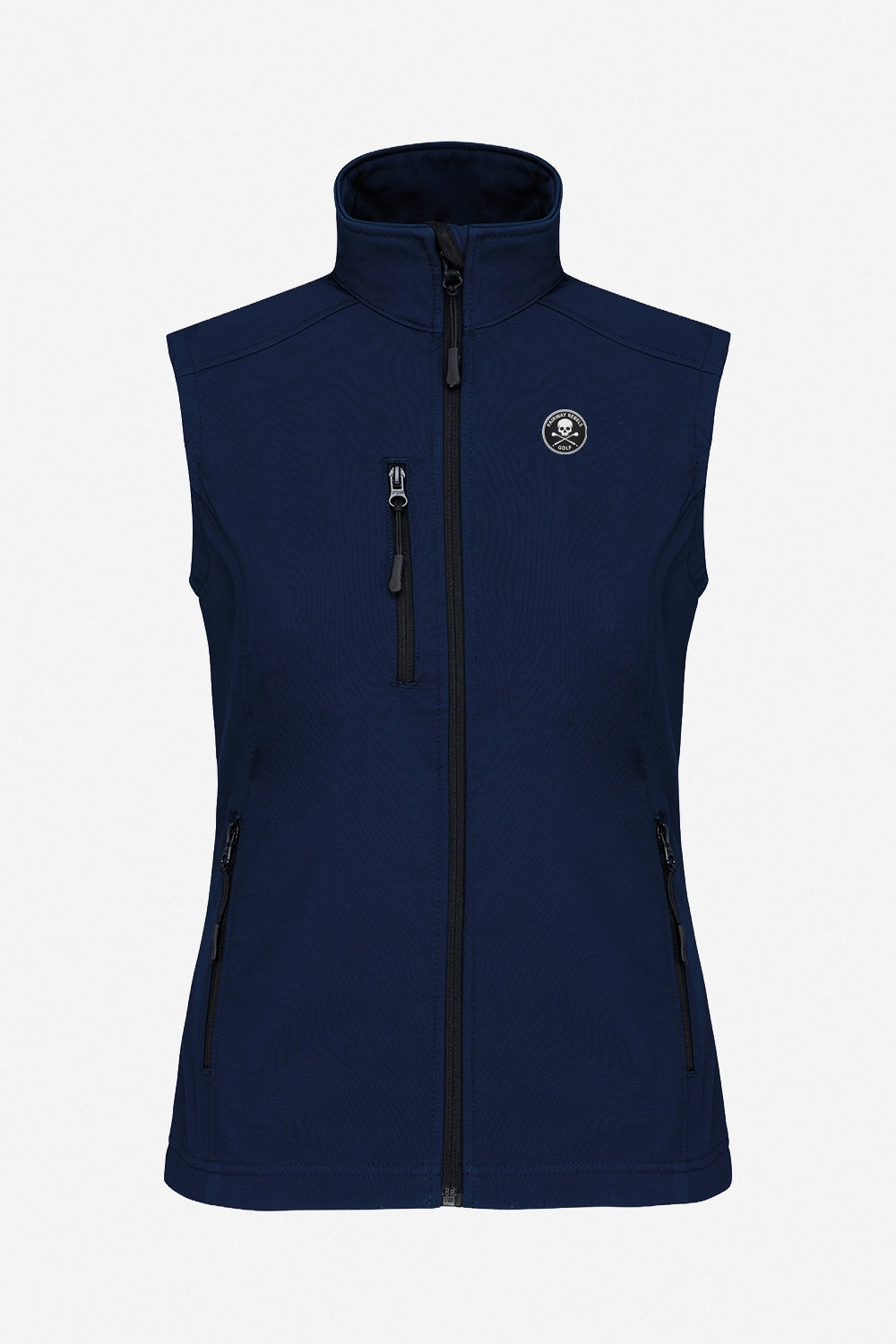 Gilet de golf déperlant sans manches à capuche, bleu marine, zip central noir