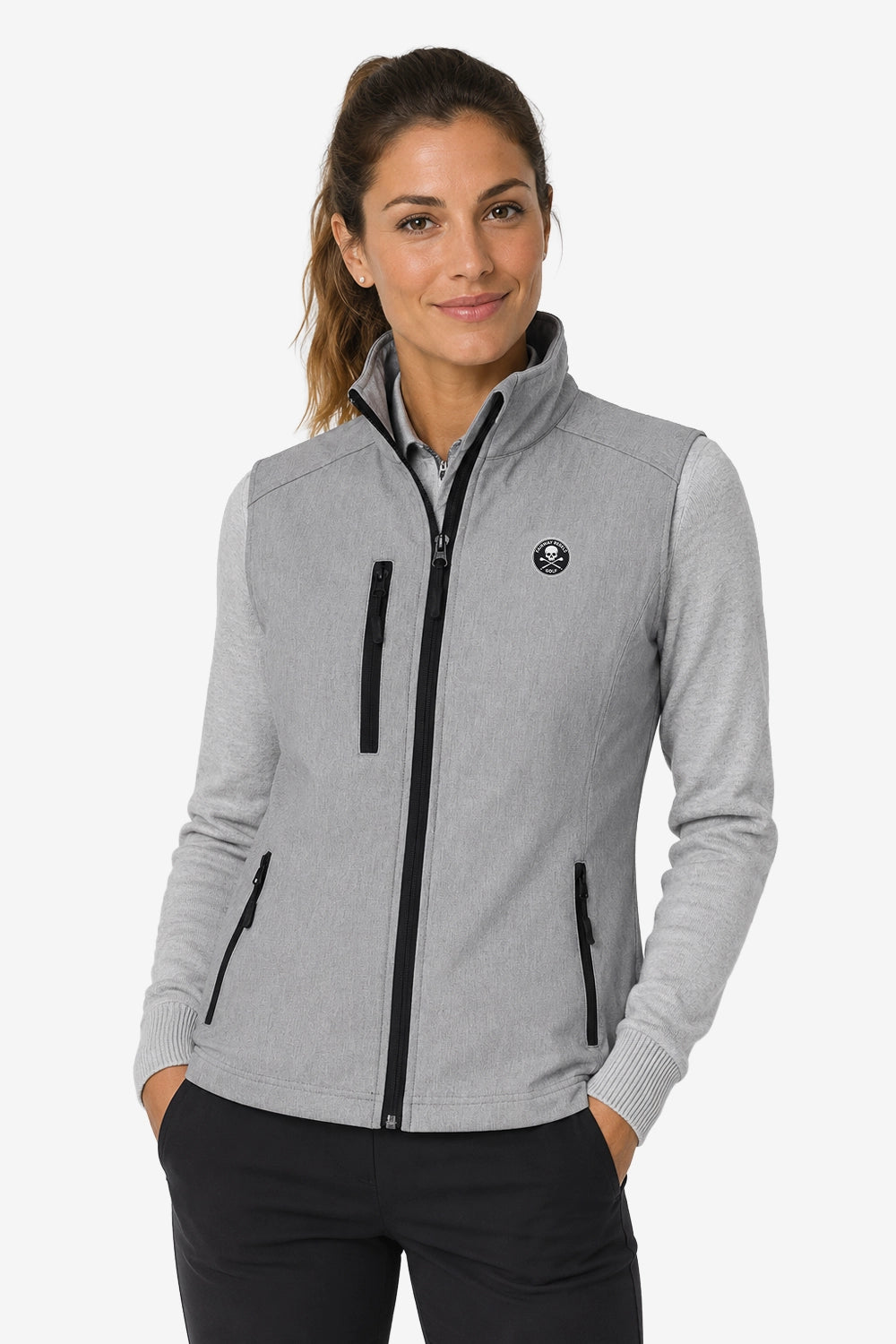 Veste de golf à capuche, gris clair chiné, fermeture zippée noire et manches longues