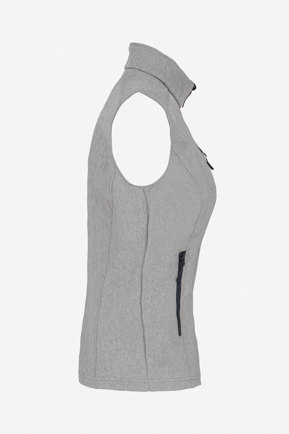 Gilet de golf sans manches à capuche, gris clair chiné, zip noir et poche latérale