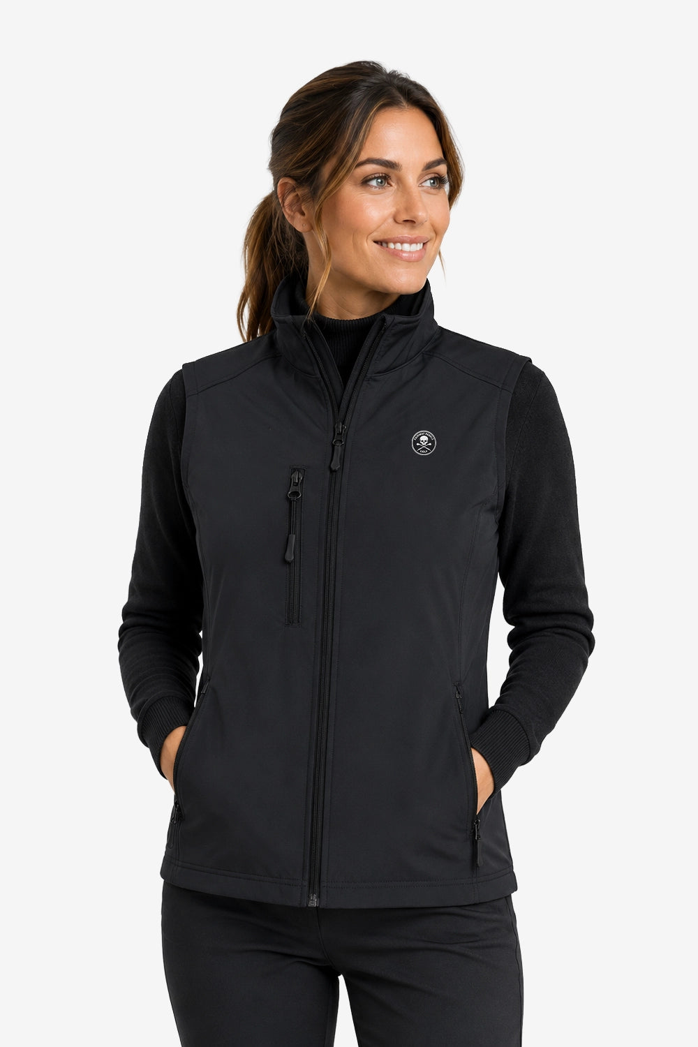Veste de golf à capuche, noir, fermeture zippée et écusson poitrine