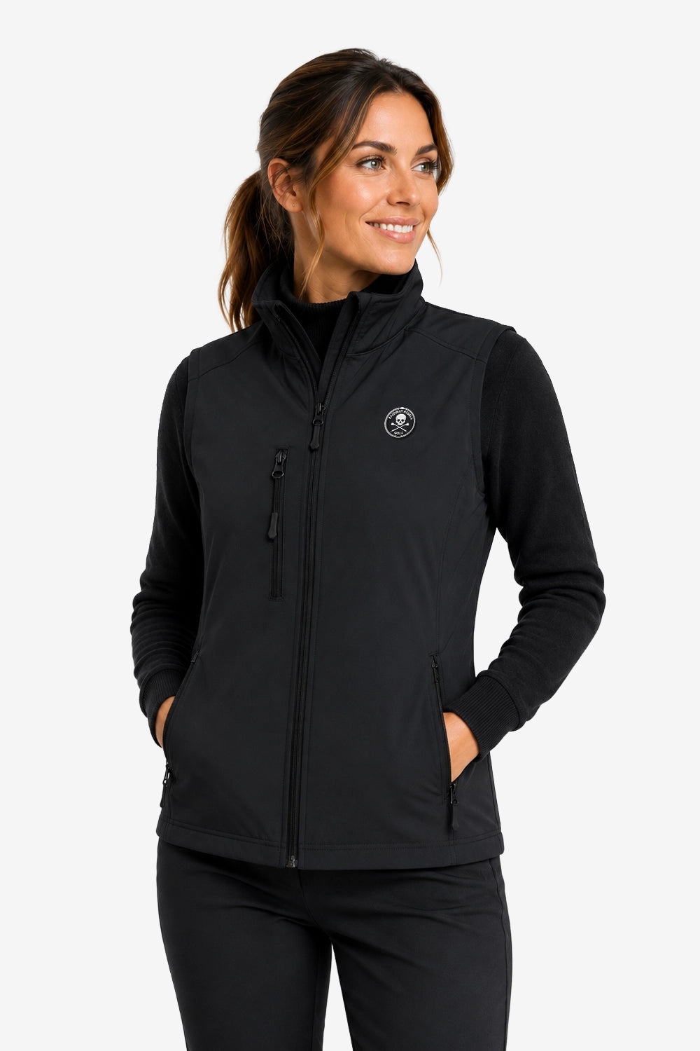 Veste golf déperlante sans manches noire, zip et logo poitrine