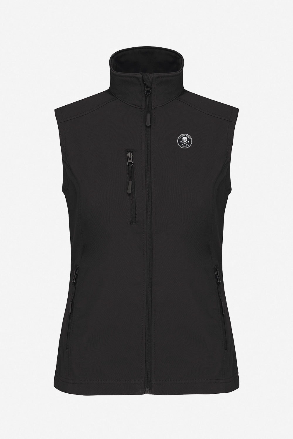 Veste golf déperlante sans manches noire, zip central, poches zippées, logo