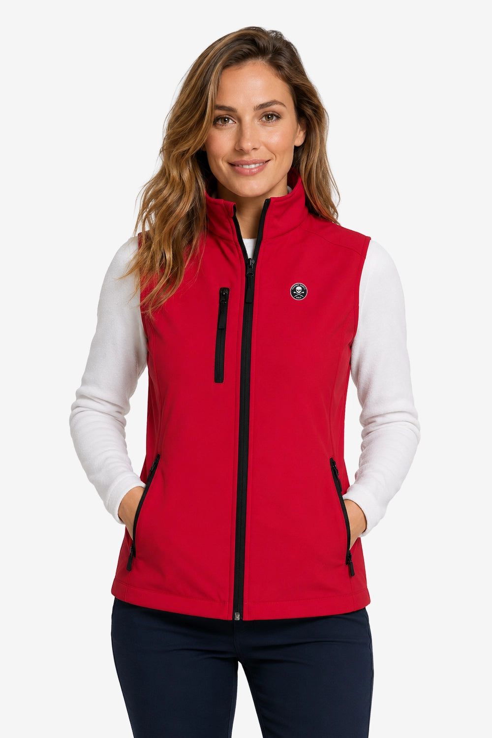 Veste golf déperlante sans manches rouge, zip central, logo poitrine