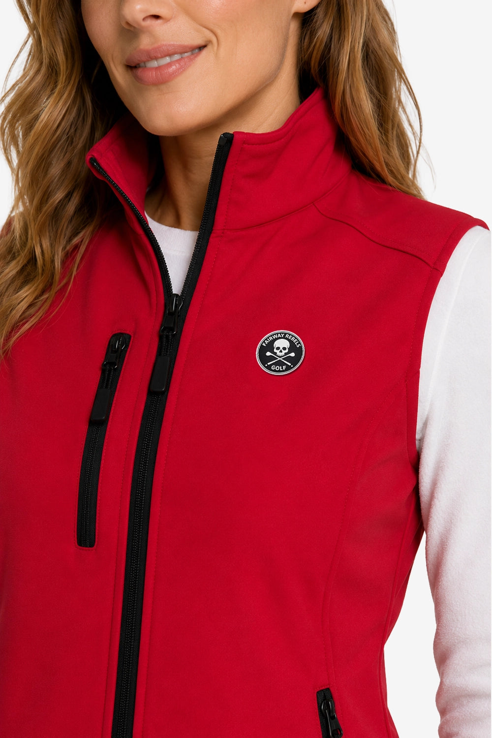 Veste golf déperlante sans manches rouge, zip noir et logo poitrine