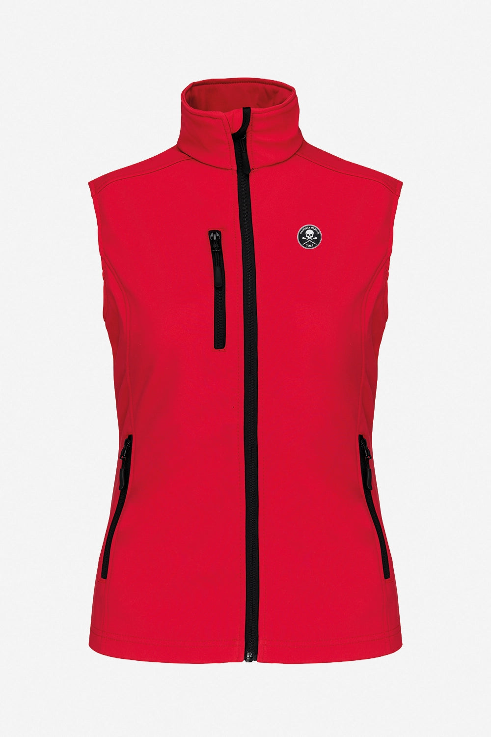 Veste de golf sans manches rouge, col montant, fermeture éclair devant, poches zippées