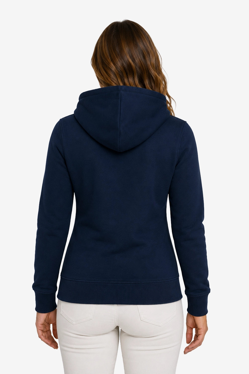 Veste zippée à capuche femme bleu marine, vue de dos, manches longues