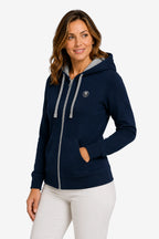 Veste à capuche zippée bleu marine femme, face, poches kangourou