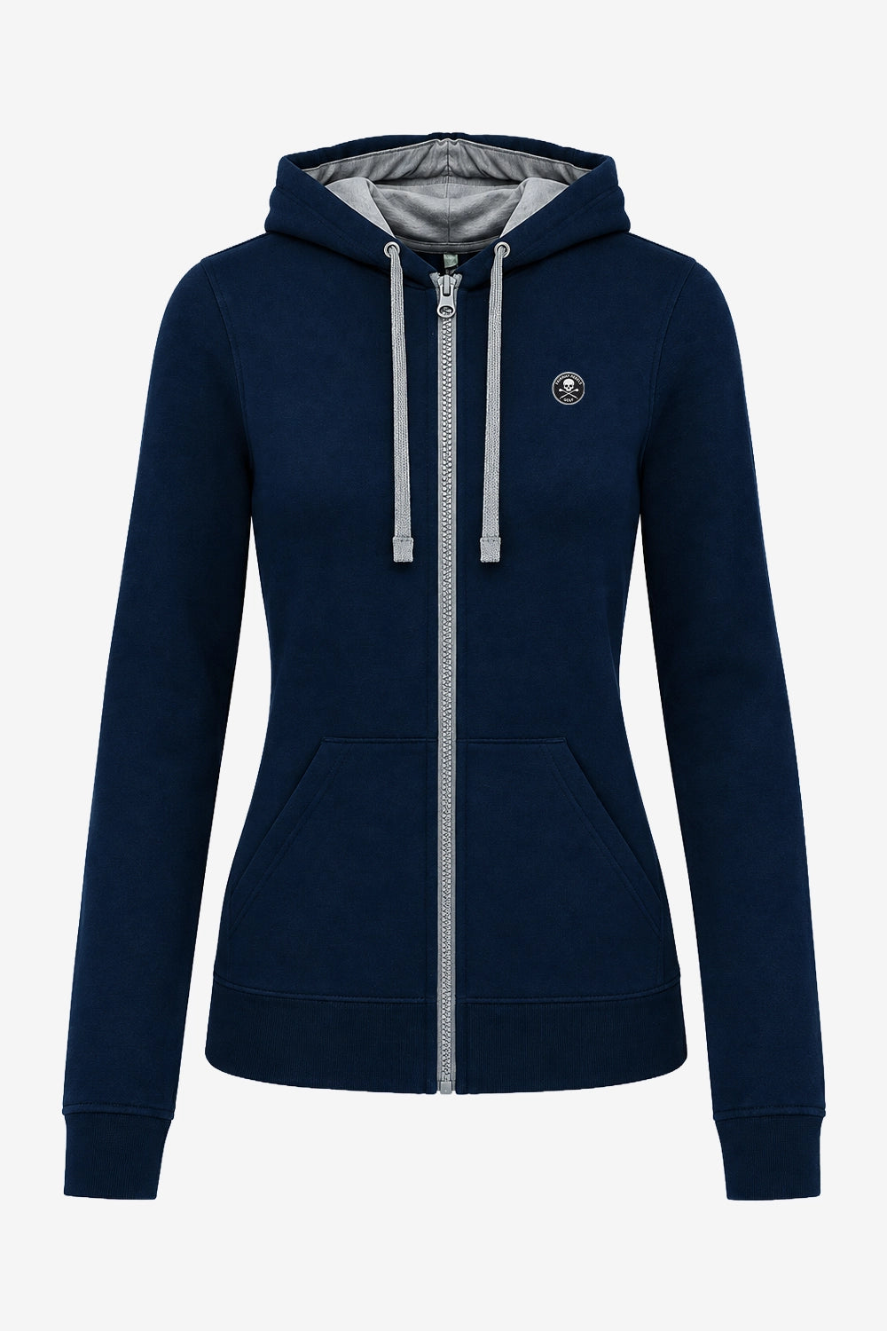 Veste bleu marine à capuche zippée, vue de face, doublure claire à l’intérieur