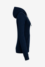 Veste à capuche bleu marine, vue de profil côté, manches longues