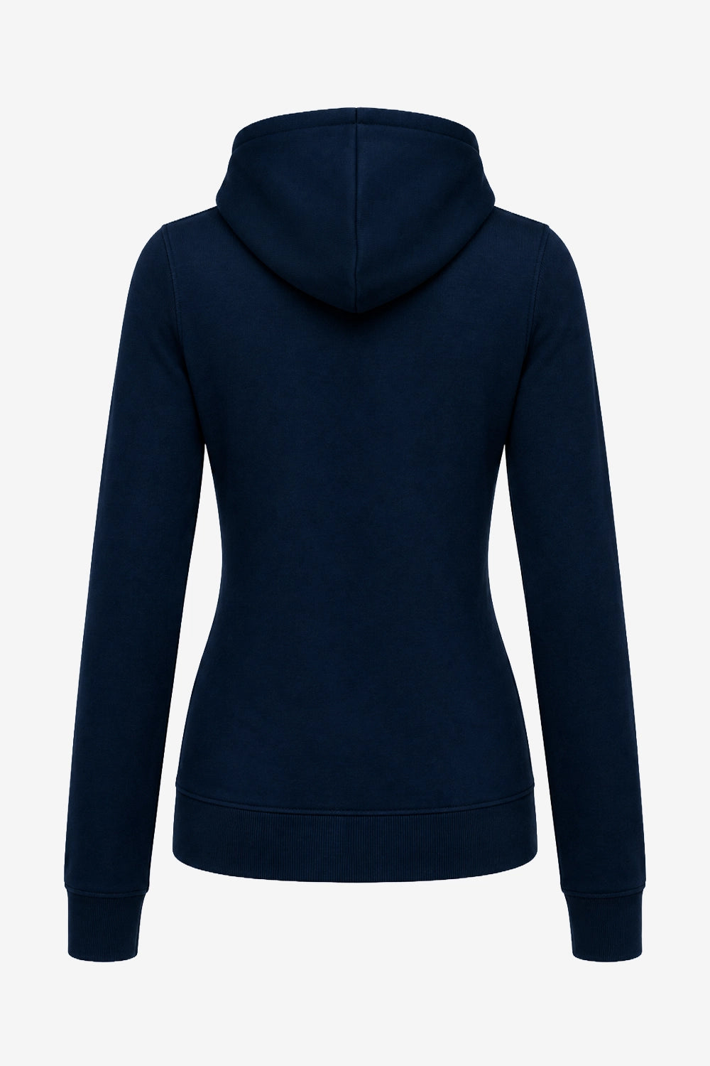 Veste zippée à capuche bleu marine, vue de dos, coupe cintrée