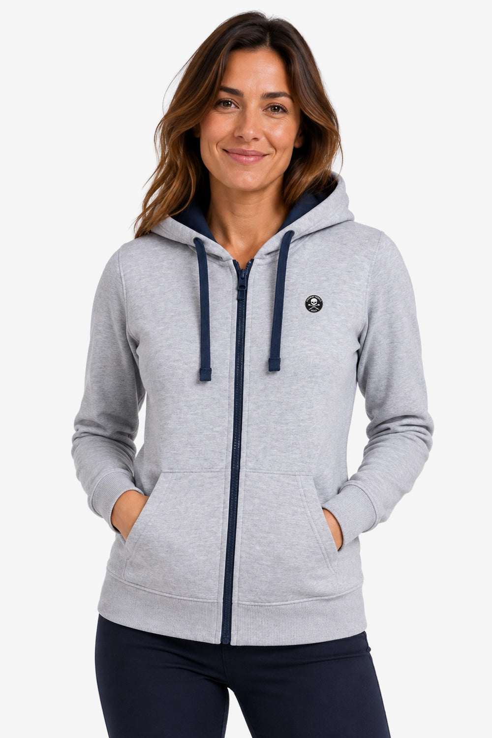Veste zippée à capuche femme grise avec cordons bleu marine, poches kangourou et fermeture éclair.