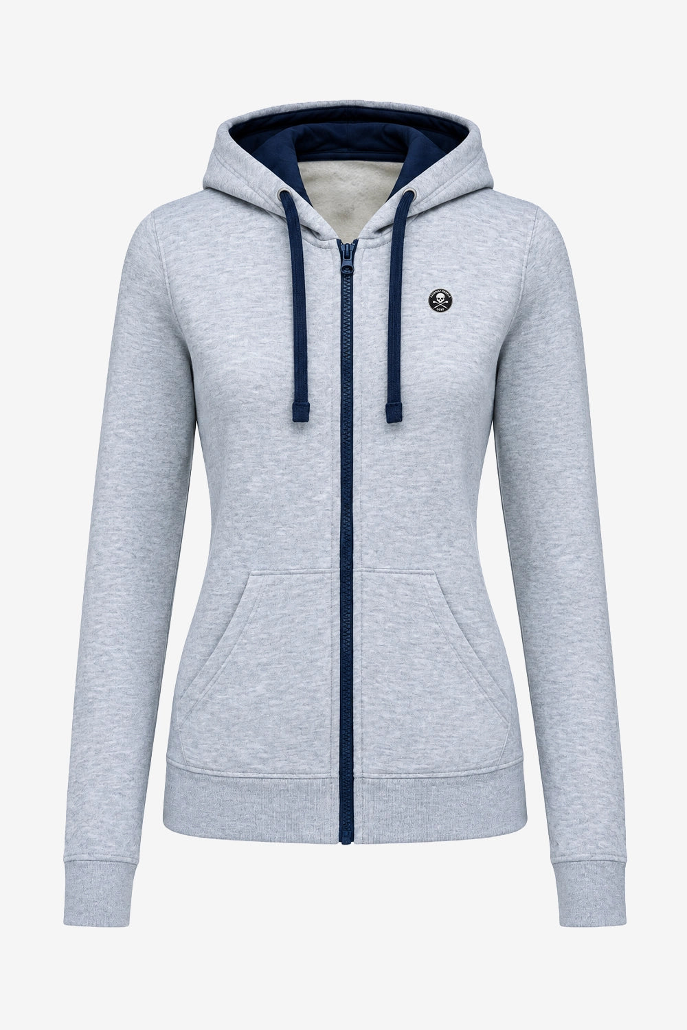 Veste zippée à capuche femme grise, fermeture éclair bleu foncé, cordons et écusson poitrine.