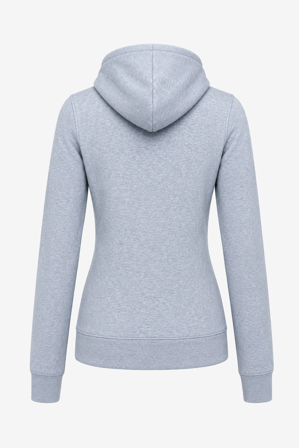 Veste à capuche femme grise vue de dos, coupe près du corps, manches longues et capuche.