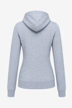 Veste à capuche femme grise vue de dos, coupe près du corps, manches longues et capuche.