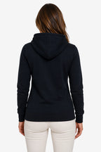 Veste zippée à capuche femme bleu foncé vue de dos, manches longues et ourlet côtelé.