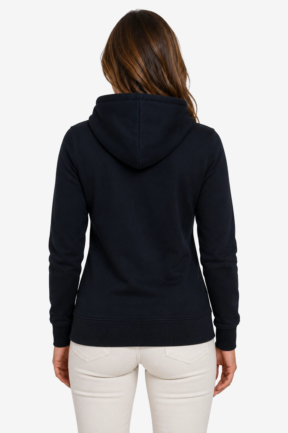 Veste zippée à capuche femme bleu foncé vue de dos, manches longues et ourlet côtelé.