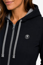 Veste à capuche zippée femme bleu foncé : cordons gris, fermeture et écusson poitrine.