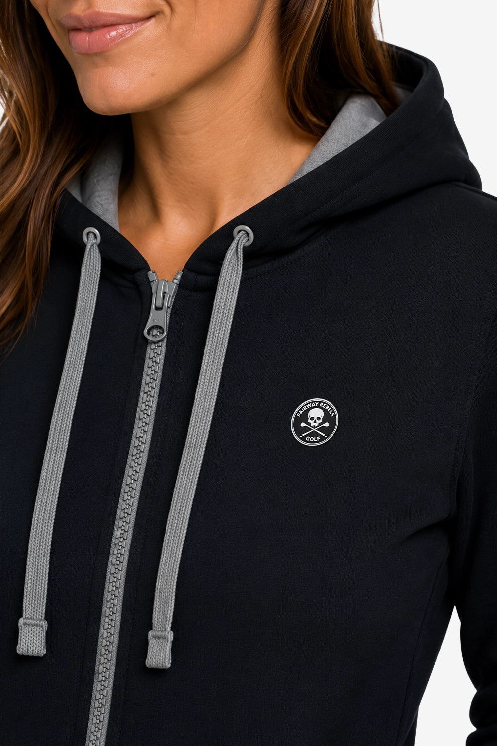 Veste à capuche zippée femme bleu foncé : cordons gris, fermeture et écusson poitrine.