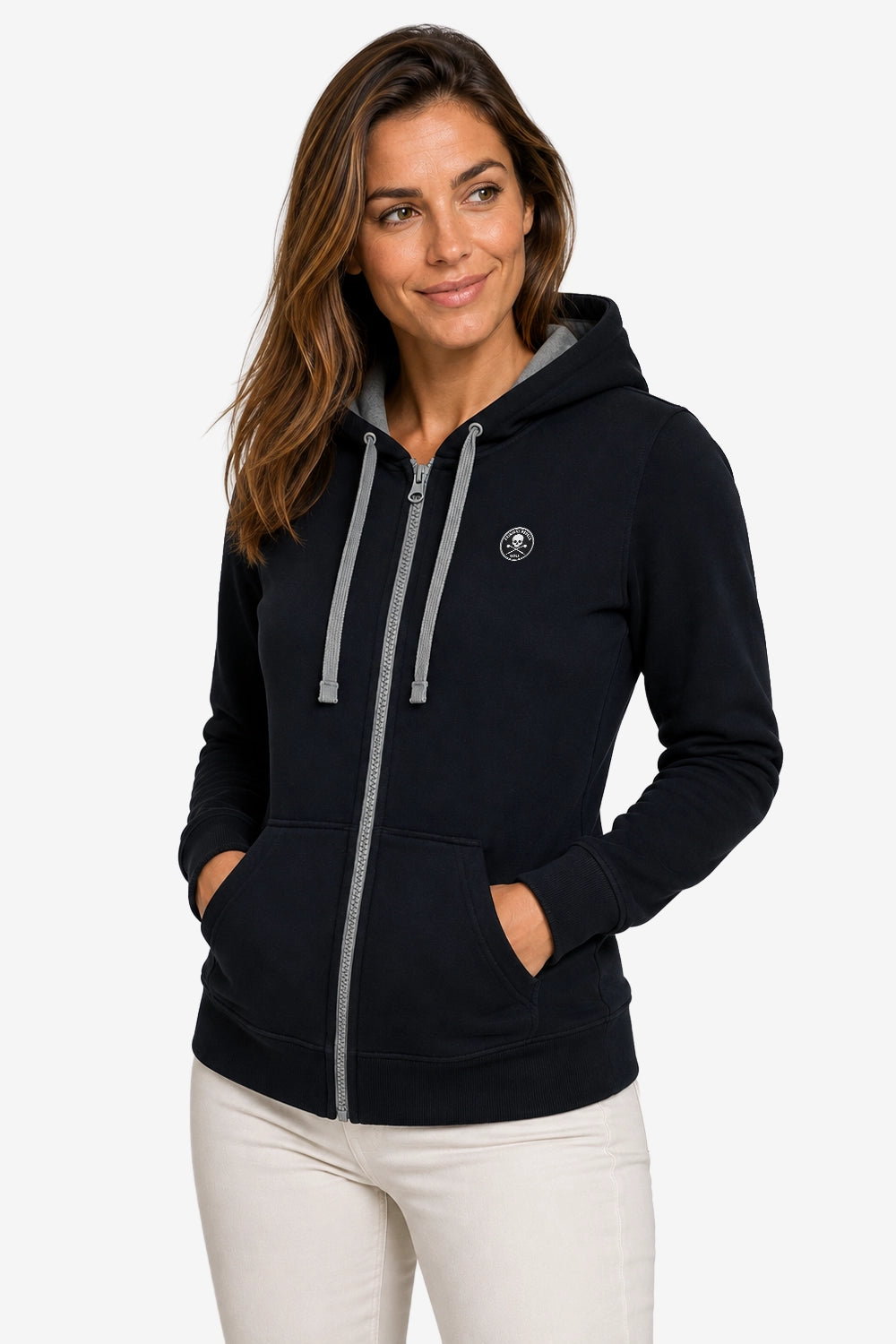 Veste zippée à capuche femme bleu foncé, cordons gris, poches kangourou et fermeture éclair.