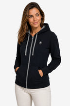 Veste zippée à capuche femme bleu foncé, cordons gris, poches kangourou et fermeture éclair.
