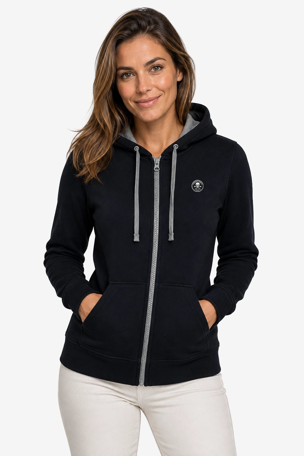 Veste à capuche zippée femme bleu foncé avec cordons gris, poches latérales et fermeture éclair.