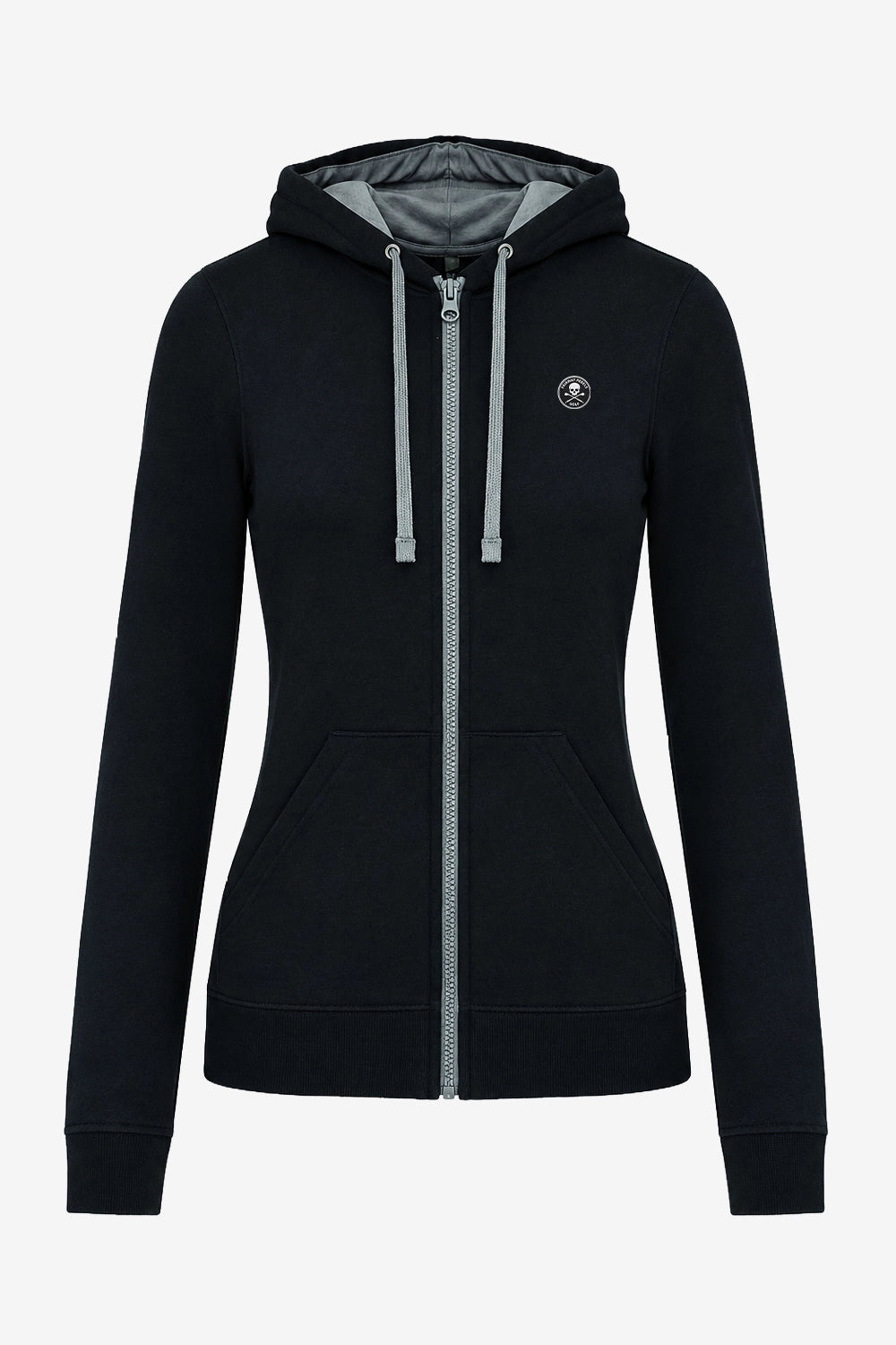 Veste zippée à capuche femme noire, manches longues, double poches et fermeture éclair.