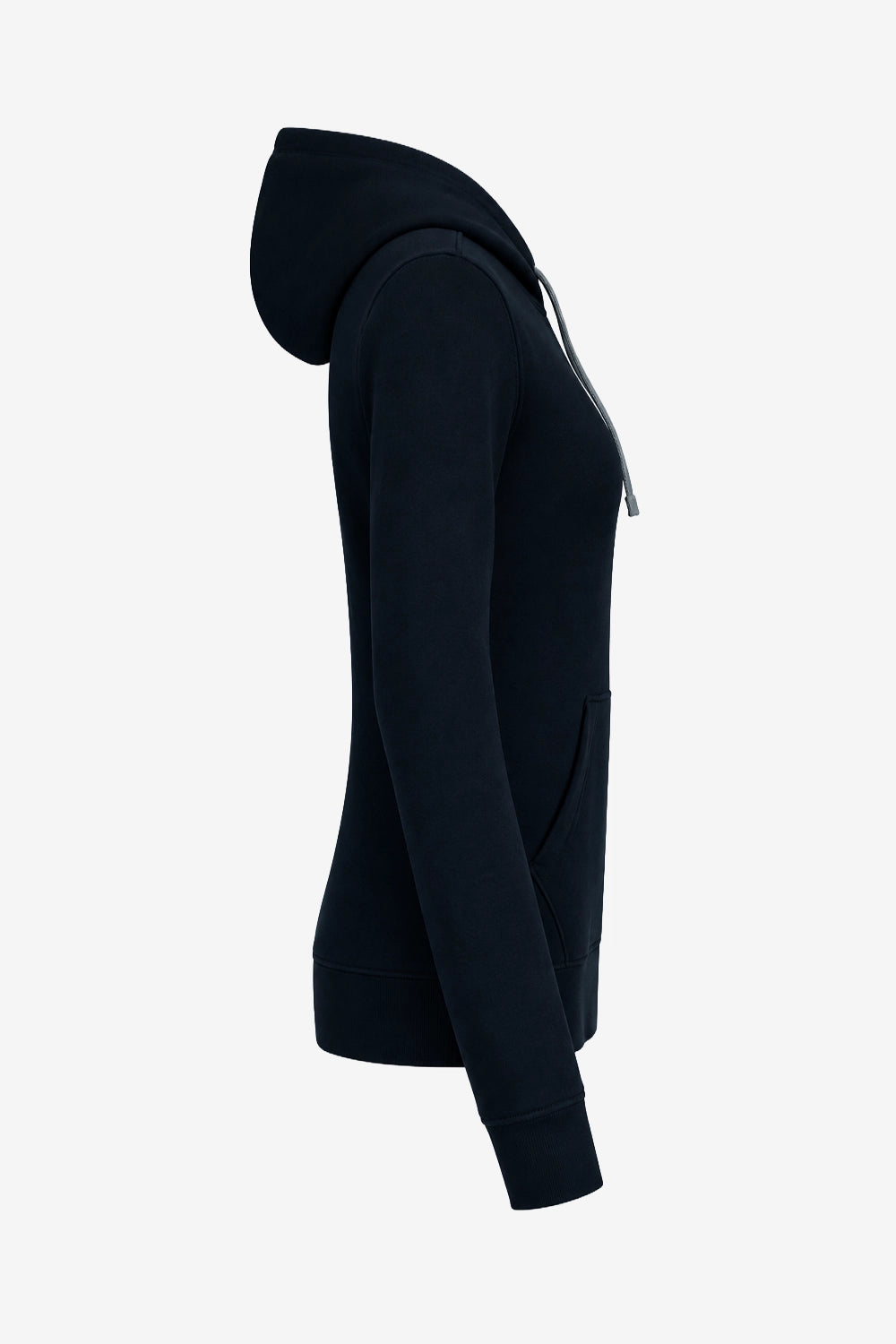 Veste zippée à capuche femme bleu foncé vue de profil, manches longues et capuche ajustée.
